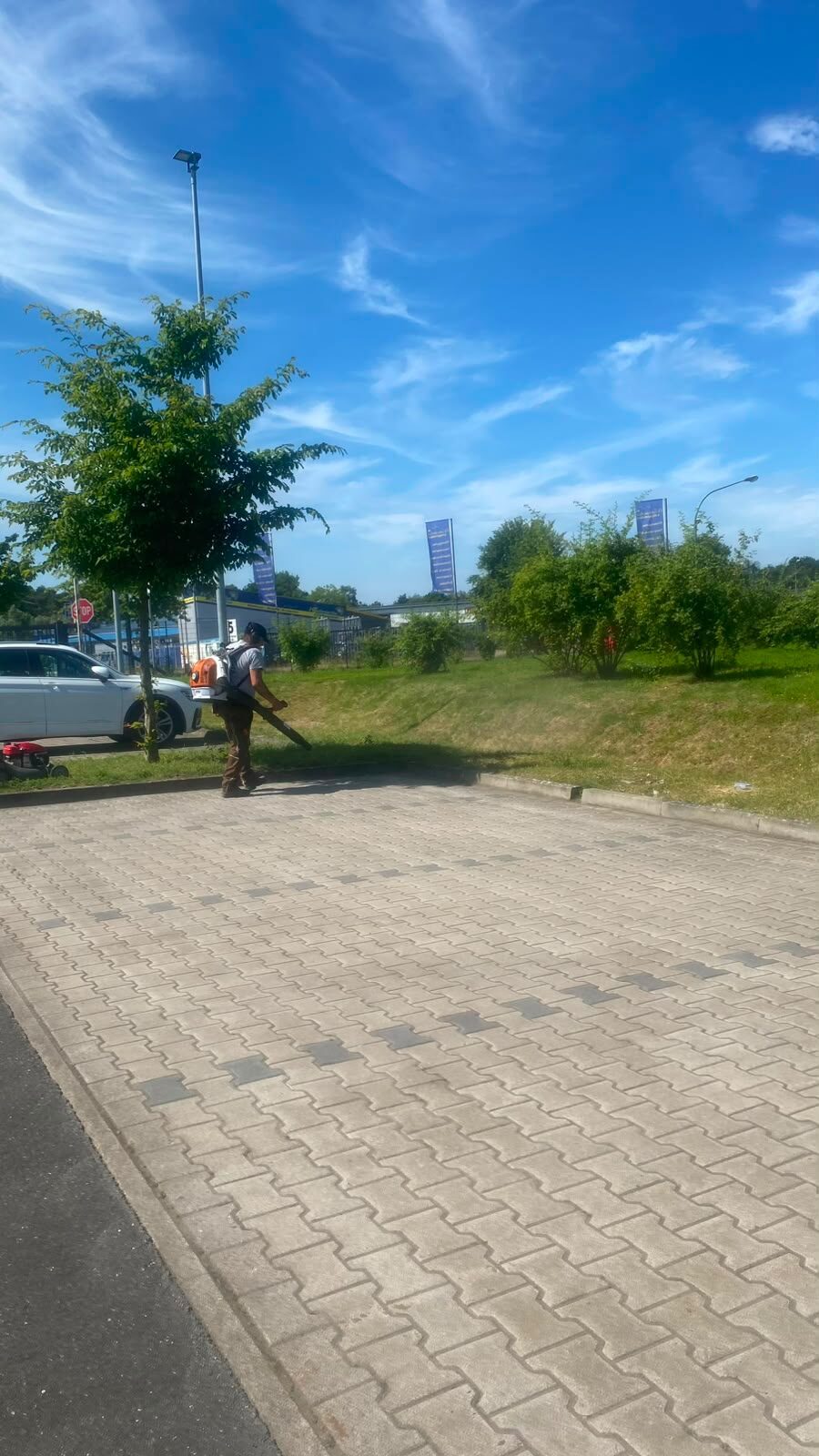 Gereinigte gepflasterte Einfahrt vor einem Gebäude
