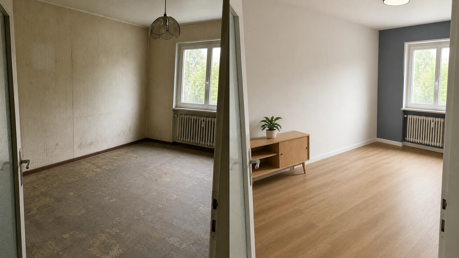 Renovierungsbedürftiger und fertig renovierter Raum im Vorher-Nachher-Vergleich